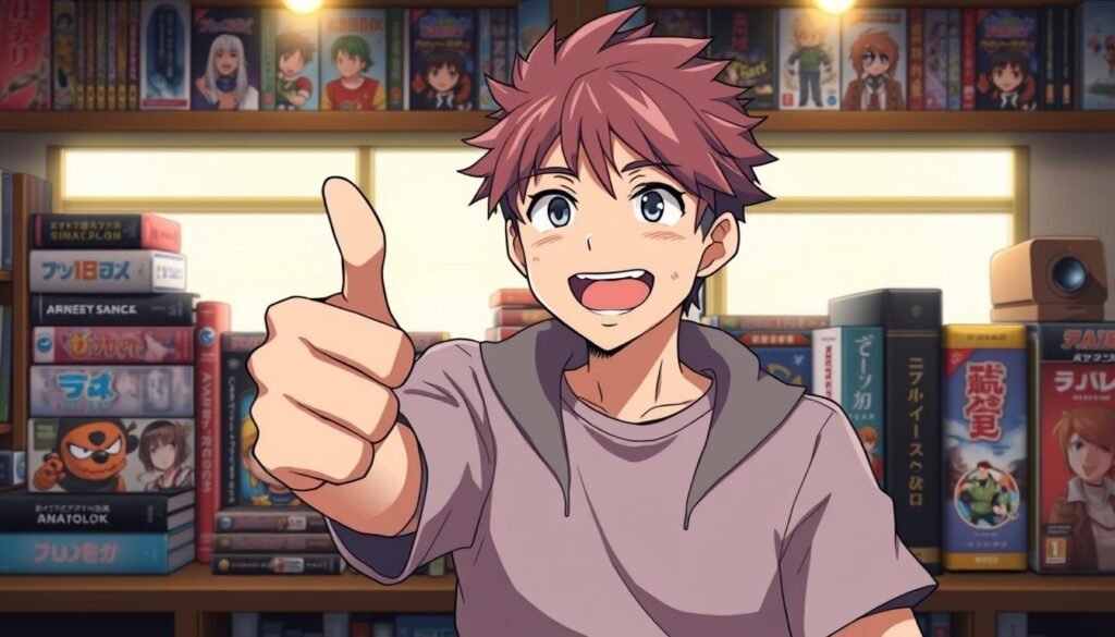 Anime-Fan mit Daumen hoch vor einer Sammlung von Ecchi-Anime-Boxsets Anime-Fan mit Daumen hoch vor einer Sammlung von Ecchi-Anime-Boxsets