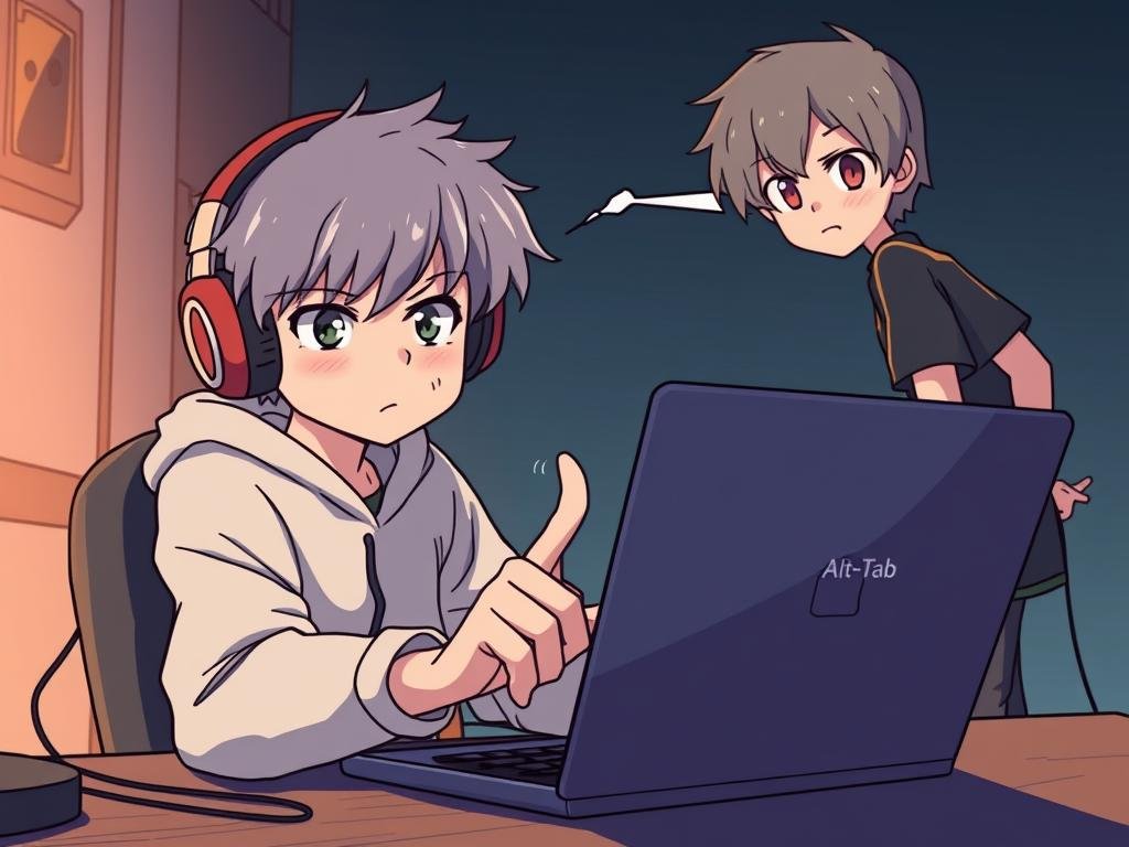 Anime-Fan mit Kopfhörern vor einem Laptop mit schnellem Finger auf der Alt+Tab-Taste Anime-Fan mit Kopfhörern vor einem Laptop mit schnellem Finger auf der Alt+Tab-Taste