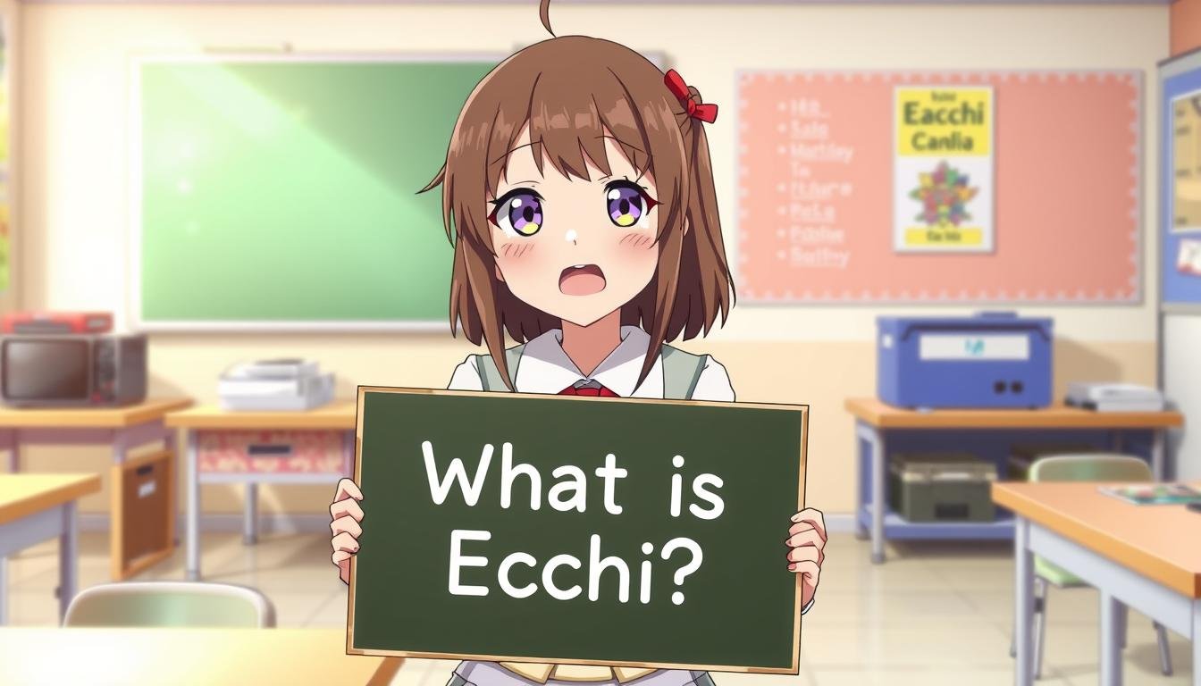 Anime-Mädchen mit überraschtem Gesichtsausdruck und einem 'Was ist Ecchi?' Schild