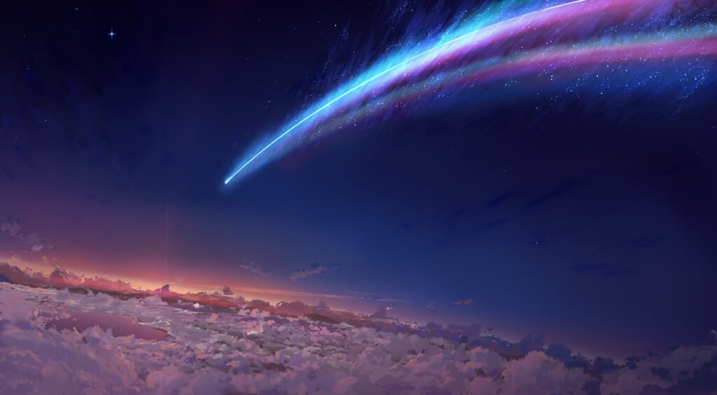 Atemberaubende Landschaftsszene aus Your Name mit dem Komet am Nachthimmel Atemberaubende Landschaftsszene aus Your Name mit dem Komet am Nachthimmel