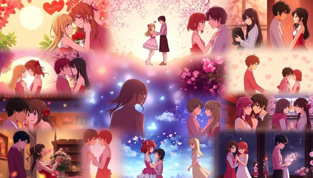 Collage verschiedener romantischer Momente aus den besten Romance Animes Collage verschiedener romantischer Momente aus den besten Romance Animes