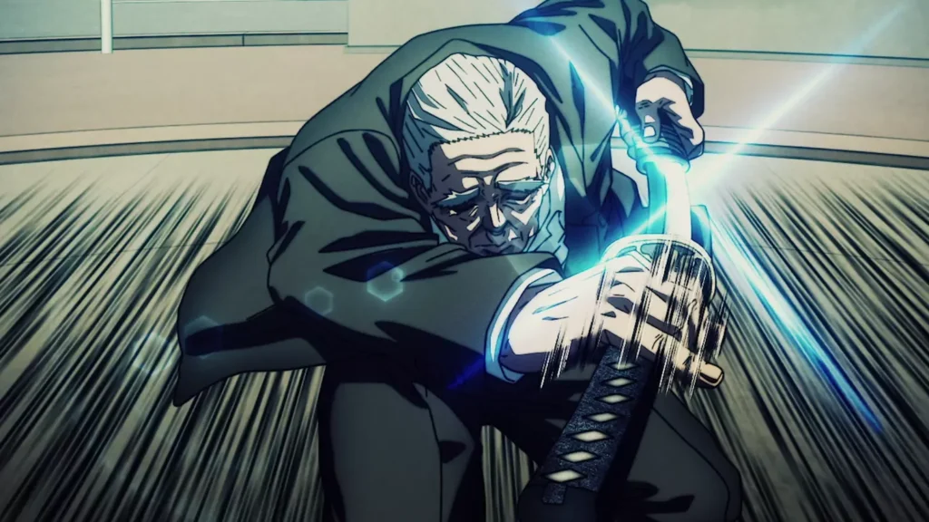 Der alte Takamura mit seinem Katana in einer blitzschnellen Angriffsbewegung Der alte Takamura mit seinem Katana in einer blitzschnellen Angriffsbewegung