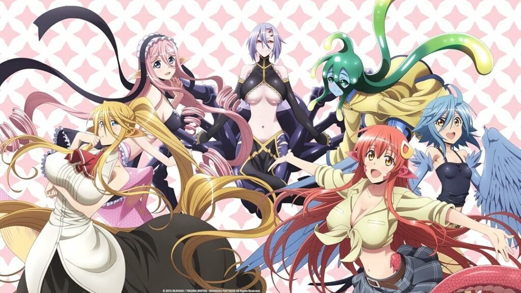 Die Monster-Mädchen aus Monster Musume versammelt um Kimihito Die Monster-Mädchen aus Monster Musume versammelt um Kimihito