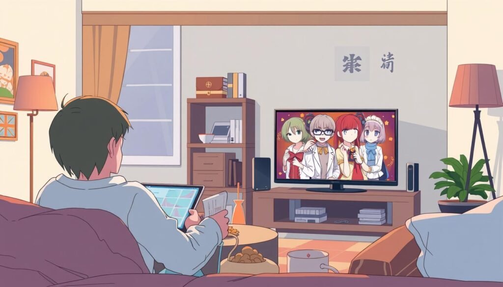 Eine Person, die gemütlich Anime schaut - der perfekte Start für Top Anime für Einsteiger Eine Person, die gemütlich Anime schaut - der perfekte Start für Top Anime für Einsteiger