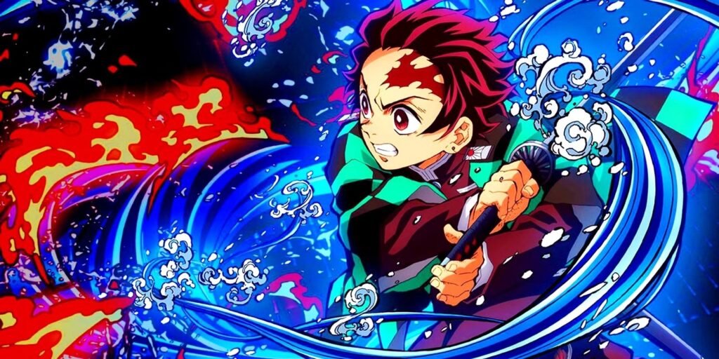 Eine atemberaubende Kampfszene aus Demon Slayer mit den charakteristischen Wassereffekten, ein Top Anime für Einsteiger Eine atemberaubende Kampfszene aus Demon Slayer mit den charakteristischen Wassereffekten, ein Top Anime für Einsteiger