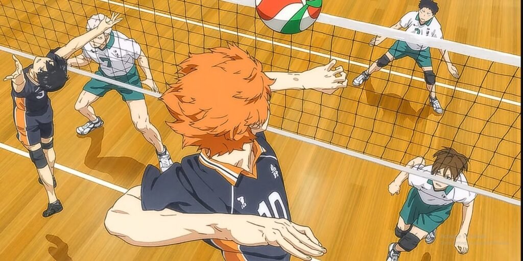 Eine dynamische Volleyball-Szene aus Haikyuu, einem mitreißenden Sport-Anime für Einsteiger Eine dynamische Volleyball-Szene aus Haikyuu, einem mitreißenden Sport-Anime für Einsteiger