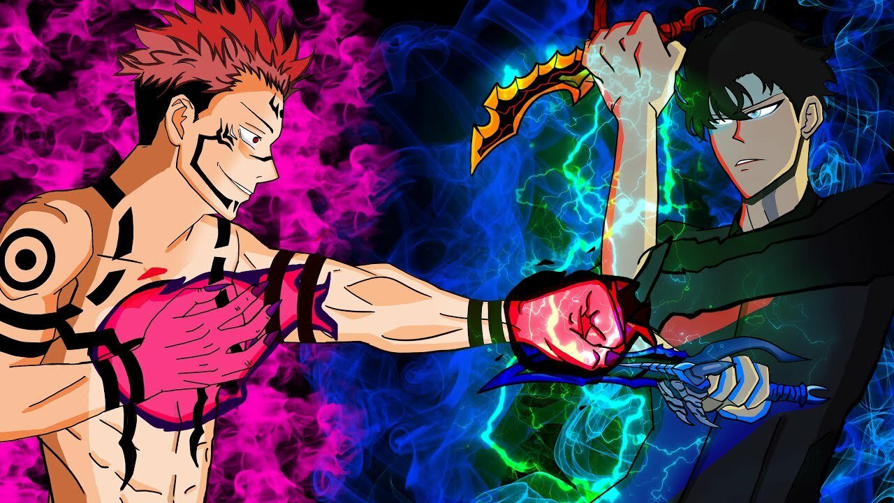 Solo Leveling vs. Jujutsu Kaisen 2025 Vergleich mit Sung Jin-Woo und Yuji Itadori in Kampfposen