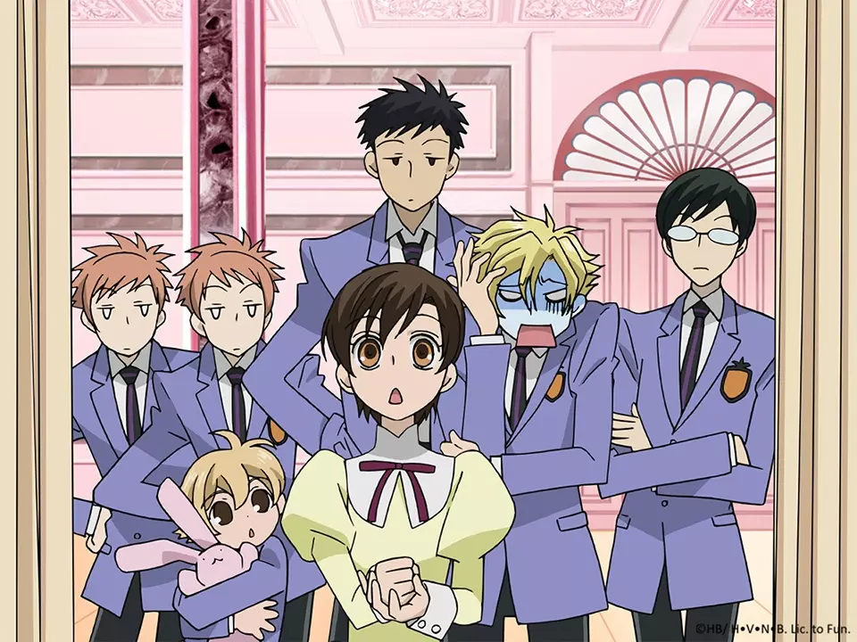 Szene aus dem Romance Anime Ouran High School Host Club mit Haruhi und den Host Club Mitgliedern Szene aus dem Romance Anime Ouran High School Host Club mit Haruhi und den Host Club Mitgliedern