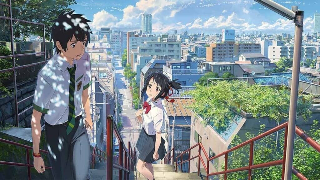 Taki und Mitsuha aus dem Romance Anime-Film Your Name begegnen sich auf der Treppe während des Sonnenuntergangs Taki und Mitsuha aus dem Romance Anime-Film Your Name begegnen sich auf der Treppe während des Sonnenuntergangs