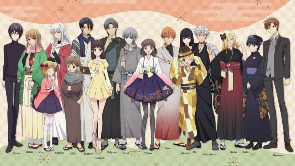 Tohru Honda mit den Sohma-Familienmitgliedern aus dem Romance Anime Fruits Basket Tohru Honda mit den Sohma-Familienmitgliedern aus dem Romance Anime Fruits Basket